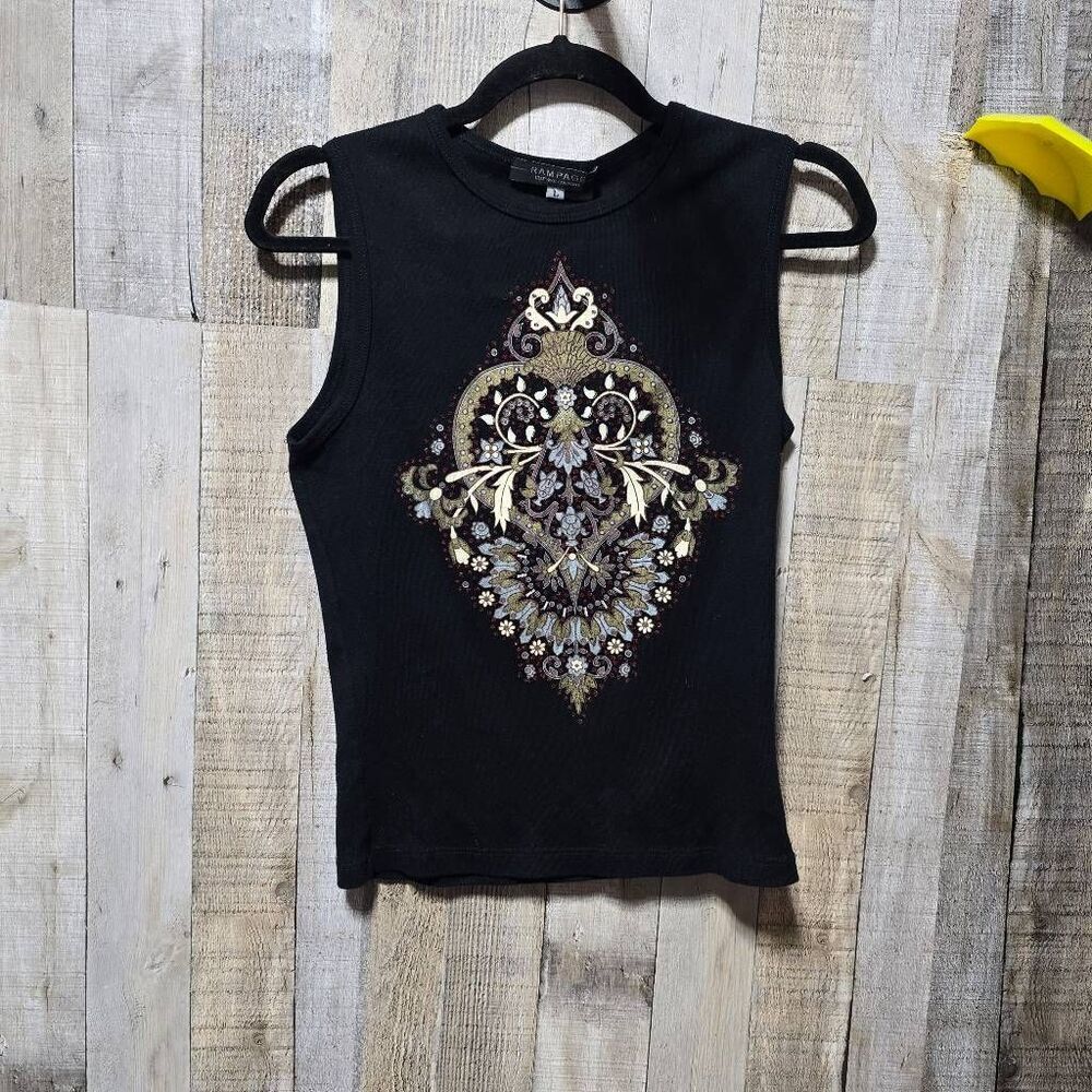Rampage Vintage Y2K Black Graphic Beaded Tank Top Alt Emo Goth Maximalist